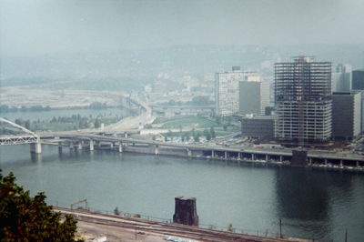 High angle view of cityscape in foggy weather