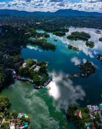 High angle view of bay and trees