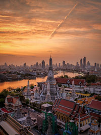 High angle view of townscape against sky during sunset
