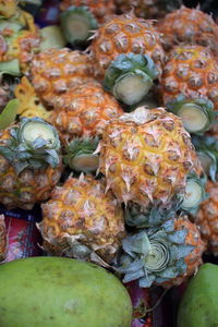 Fresh pineapples for sale on market stall