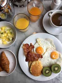 High angle view of breakfast served on table