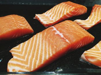 Close-up of salmon in tray