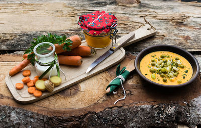 High angle view of fruits in bowl on table