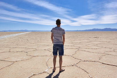 Rear view of man standing on desert