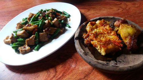 High angle view of food in plate on table