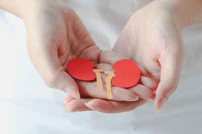 Cropped hands of woman holding heart shape against white background