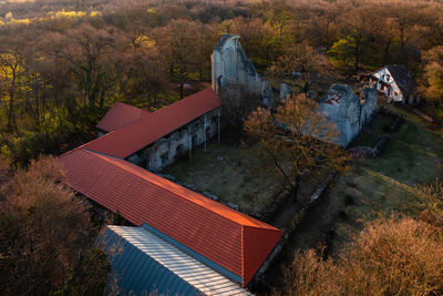 Aerial view about former benedictine monastery and church ruins. romanesque age architecture.