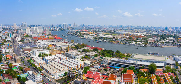 High angle view of buildings against sky in city