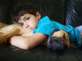 Portrait of dog relaxing on bed