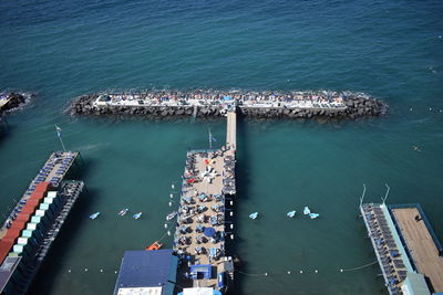 High angle view of ship moored at harbor