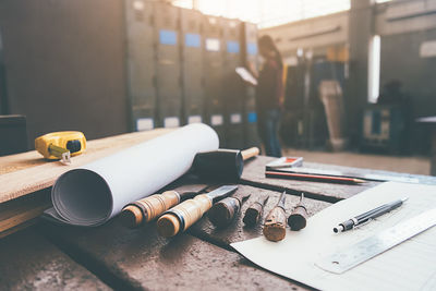 Close-up of tools on table