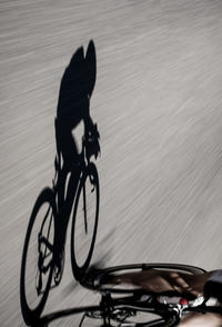 Shadow of person riding bicycle on road