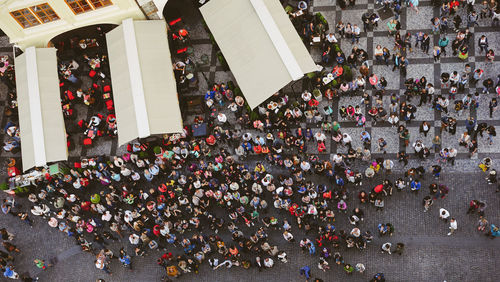 High angle view of people at street