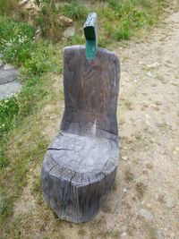 High angle view of tree stump on field