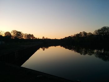 Reflection of trees in water at sunset