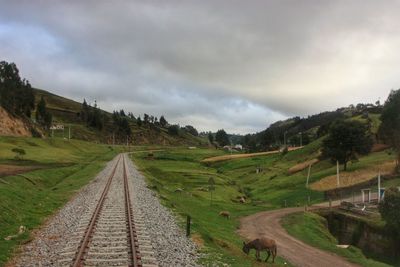 Railroad tracks on grassy landscape against cloudy sky