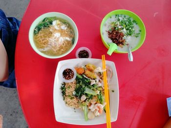 High angle view of meal served on table