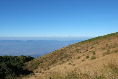 Scenic view of mountains against clear blue sky