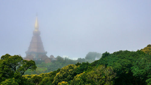 Trees growing by temple against sky during foggy weather