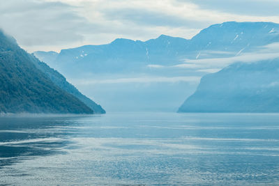 Scenic view of sea and mountains against sky