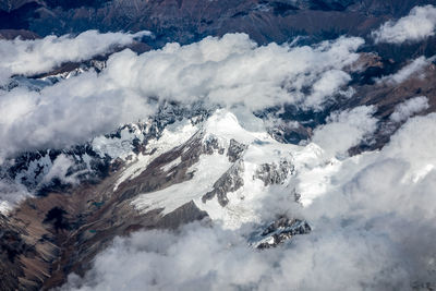 High angle view of snowcapped mountains against sky