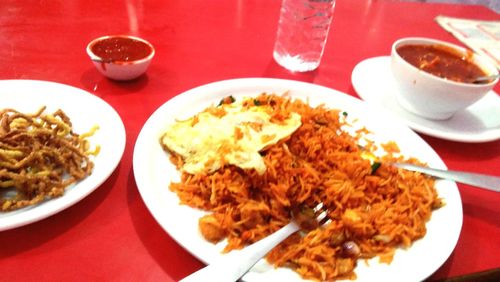 High angle view of breakfast served on table