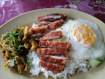 High angle view of breakfast served on table