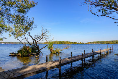 View of waterside and wooden pier on wannsee lake and havel river in berlin, germany. 