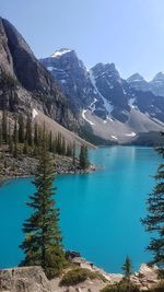 Scenic view of moraine lake by rocky mountains against sky