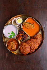 High angle view of food served on table