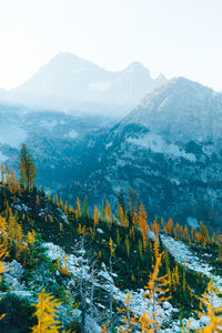 Scenic view of mountains against sky during winter