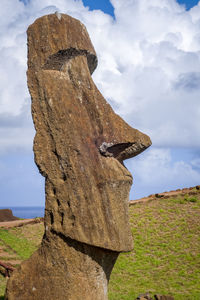 Low angle view of rock on field against sky