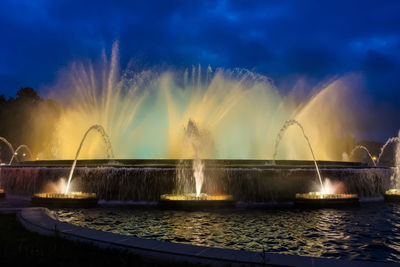 Colorful performance of magic fountain of montjuic in barcelona, spain.