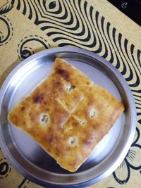 High angle view of dessert in plate on table