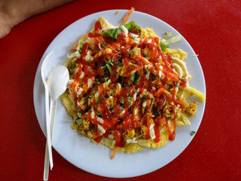 High angle view of food served in plate