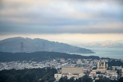 Aerial view of city against cloudy sky