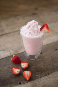 High angle view of strawberry on table