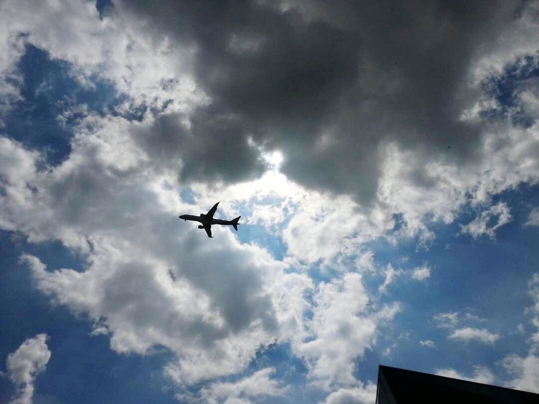 LOW ANGLE VIEW OF AIRPLANE IN SKY