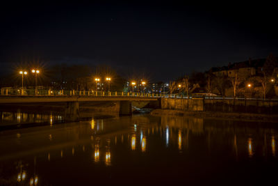 Illuminated bridge over river at night