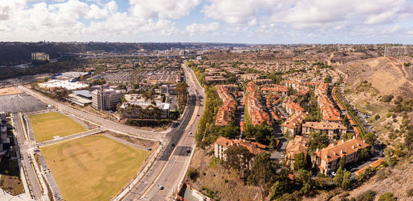 High angle view of cityscape against sky