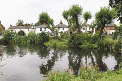 Reflection of trees in pond with houses in the background