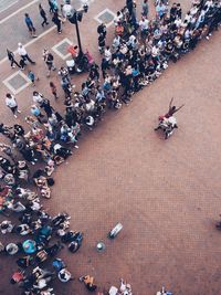 High angle view of people walking on street