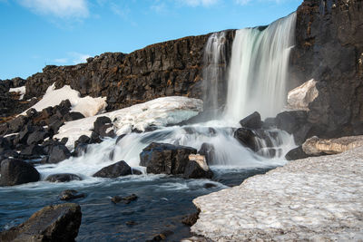 Water from waterfall splashing on a rocky river. oxararfoss in pingvellir thingvellir  park iceland