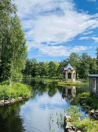 Plants growing by lake and building against sky