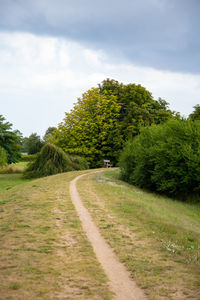 Road amidst trees on field against sky