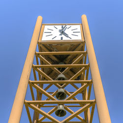 Low angle view of sign against clear blue sky