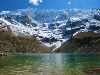 Scenic view of lake and snowcapped mountains against sky