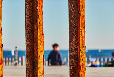 Rear view of man at pier against sea