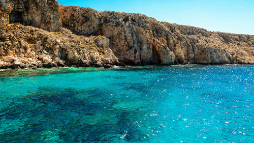 Scenic view of sea against clear blue sky