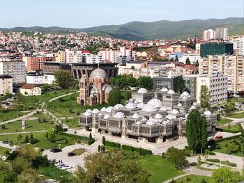 High angle view of buildings in town